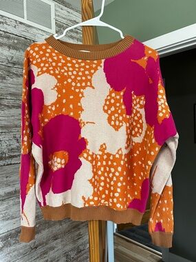 Women's Bright Floral Crewneck Sweater - Orange, Pink & Cream